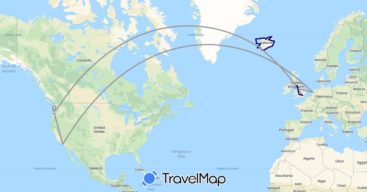 TravelMap itinerary: driving, plane in United Kingdom, Iceland, Netherlands, United States (Europe, North America)